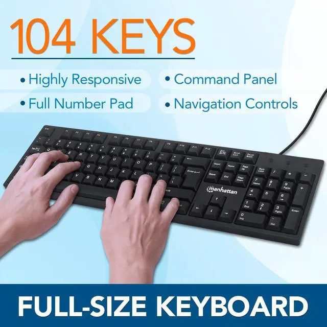 Alt view image 6 of 11 - Manhattan 104-key Black Wired Keyboard with Built-in 5 ft. (1.5 m) USB-A Cable and LED Indicator Lights