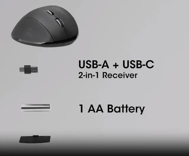 Alt view image 3 of 7 - MANHATTAN Wireless Ergonomic Mouse 2.4 GHz RF, 800/1200/1600 dpi, Six Buttons with Scroll Wheel, USB-A & USB-C 2-in-1 Receiver Dongle for Laptop, Computer, PC - 3 Yr Mfg Warranty 190237