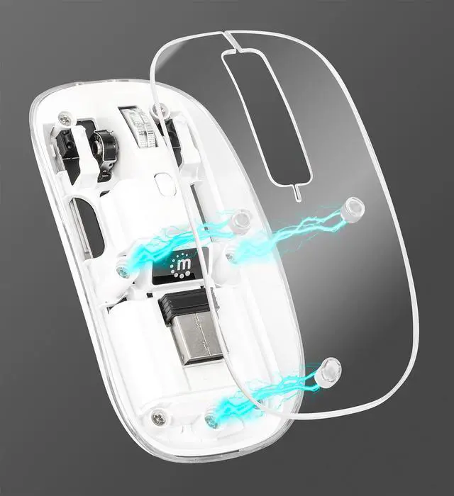 Alt view image 14 of 16 - Manhattan Transparent Rechargeable Wireless USB Mouse - Optical - Wireless - 33 ft - Radio Frequency - 2.40 GHz - Rechargeable - White - USB Type A - 1600 dpi - Scroll Wheel - 4 Button(s) - Symmetrica