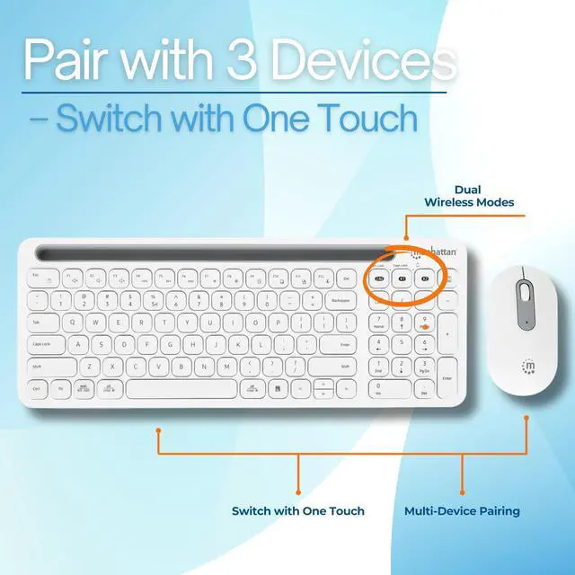 Alt view image 7 of 7 - MANHATTAN Wireless Keyboard and Mouse Set Bluetooth & 2.4 GHz for Multi-Device Switching Wireless Keyboard Mouse, Cordless Keyboard and Mouse Combo, Computer Keyboard Wireless with Mouse - 180580