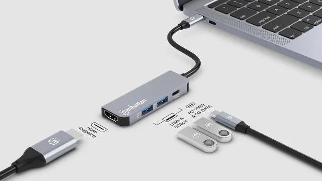 Alt view image 7 of 7 - Manhattan USB-C PD 4-in-1 Docking Station: Transform Devices with 4K HDMI, 100W Charging, and USB-A Ports for Laptops, Tablets, and Phones - 190428