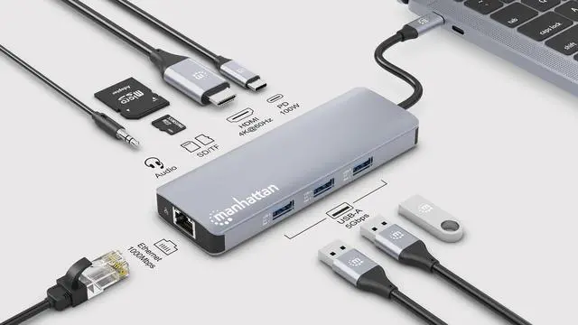 Alt view image 7 of 7 - Manhattan 9-in-1 USB-C PD Docking Station: HDMI 4K, Ethernet, 100W Charging, USB-A, Card Reader Elevate Your Connectivity with Plug-and-Play Simplicity - 190435