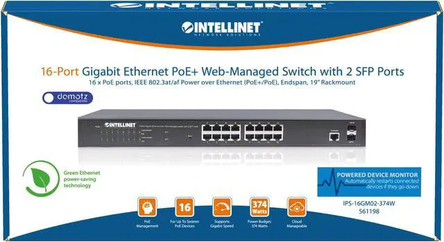 Alt view image 6 of 7 - Intellinet 16-Port Gigabit Ethernet PoE+ Layer 2+ Managed Switch with 2 SFP Ports |IEEE 802.3at/af  (PoE+/PoE) Compliant |374 W, Self-Healing Network, Endspan, 19" Rackmount