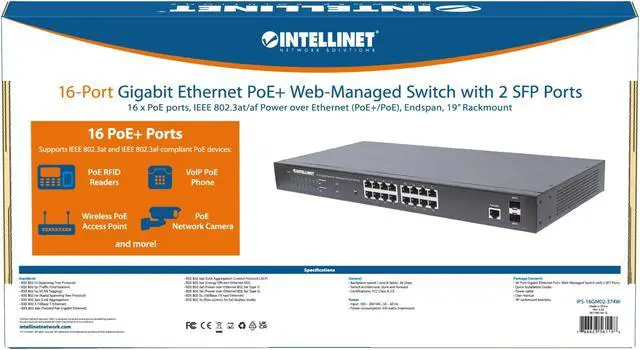 Alt view image 7 of 7 - Intellinet 16-Port Gigabit Ethernet PoE+ Layer 2+ Managed Switch with 2 SFP Ports |IEEE 802.3at/af  (PoE+/PoE) Compliant |374 W, Self-Healing Network, Endspan, 19" Rackmount