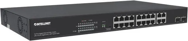 Main image of Intellinet 16-Port Gigabit Ethernet PoE+ Switch with 4 RJ45 Gigabit and 2 SFP Uplink Ports |IEEE 802.3at/af Power over Ethernet (PoE+/PoE) Compliant, 300 W, Endspan, 19" Rackmount