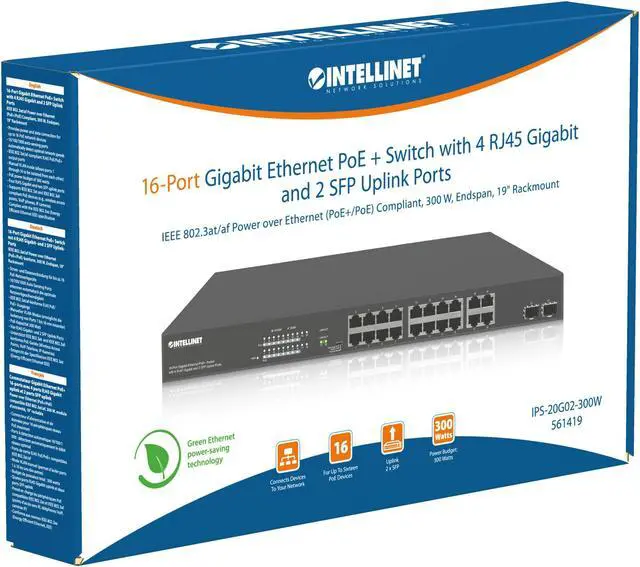 Alt view image 6 of 12 - Intellinet 16-Port Gigabit Ethernet PoE+ Switch with 4 RJ45 Gigabit and 2 SFP Uplink Ports |IEEE 802.3at/af Power over Ethernet (PoE+/PoE) Compliant, 300 W, Endspan, 19" Rackmount
