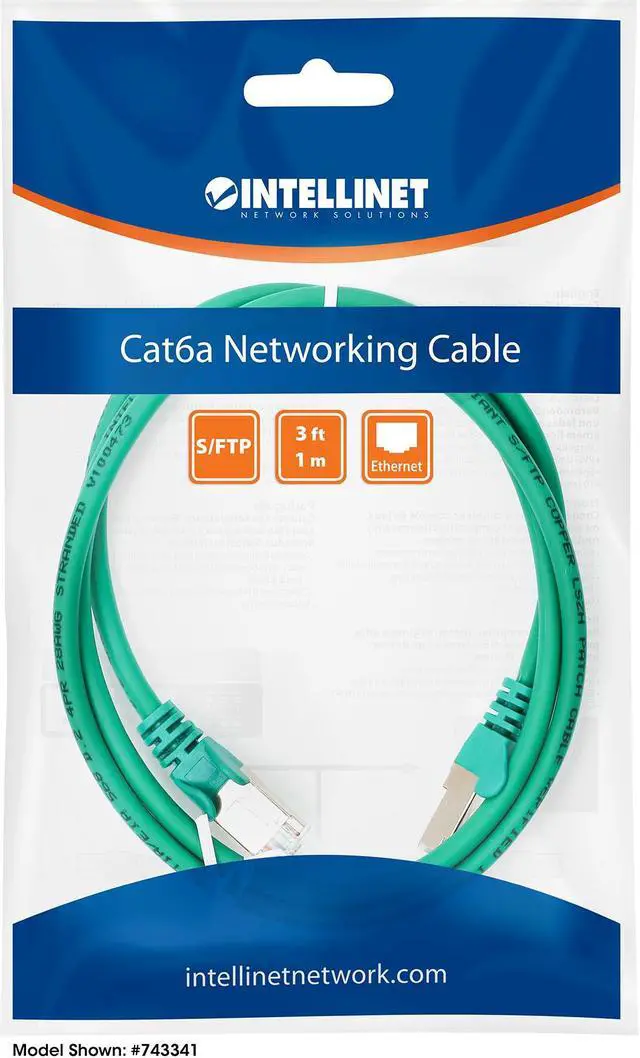 Alt view image 6 of 6 - Intellinet Cat6a S/FTP Network Patch Cable, 1 ft., Green, 10G, 500 MHz, 100% Copper, 26 AWG, RJ45, Stranded, Snag-free, Gold-plated Contacts
