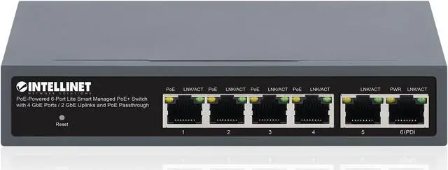 Alt view image 3 of 6 - Intellinet PoE-Powered 6-Port Lite Smart Managed PoE+ Switch with 4 GbE PoE+ Ports / 2 GbE Uplinks and PoE Passthrough, IEEE 802.3bt PoE++ 95 W PoE Input, Self-Healing Network