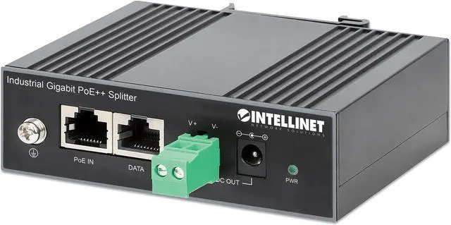Alt view image 3 of 7 - Intellinet Industrial Gigabit PoE++ Splitter, IEEE 802.3bt (4PPoE) Compliant, up to 60 W Input, 12 V / 4.25 A DC Output, IP30-rated Metal Housing, DIN-rail Mount