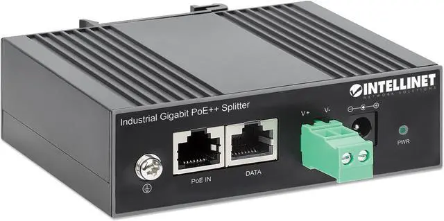Alt view image 2 of 7 - Intellinet Industrial Gigabit PoE++ Splitter, IEEE 802.3bt (4PPoE) Compliant, up to 60 W Input, 12 V / 4.25 A DC Output, IP30-rated Metal Housing, DIN-rail Mount