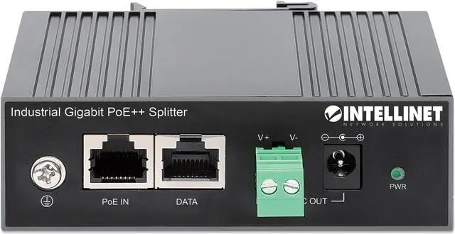 Alt view image 4 of 7 - Intellinet Industrial Gigabit PoE++ Splitter, IEEE 802.3bt (4PPoE) Compliant, up to 60 W Input, 12 V / 4.25 A DC Output, IP30-rated Metal Housing, DIN-rail Mount