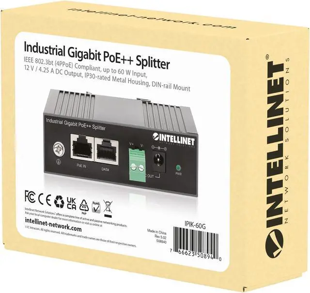 Alt view image 7 of 7 - Intellinet Industrial Gigabit PoE++ Splitter, IEEE 802.3bt (4PPoE) Compliant, up to 60 W Input, 12 V / 4.25 A DC Output, IP30-rated Metal Housing, DIN-rail Mount