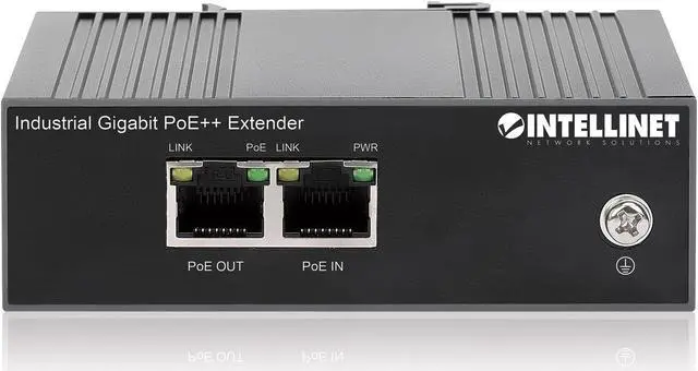 Alt view image 2 of 5 - Intellinet Industrial Gigabit PoE++ Extender, One 80 W Port, Extends PoE up to 100 m (328 ft.), IEEE 802.3bt (4PPoE) Compliant, IP30-rated Metal Housing, DIN-rail Mount