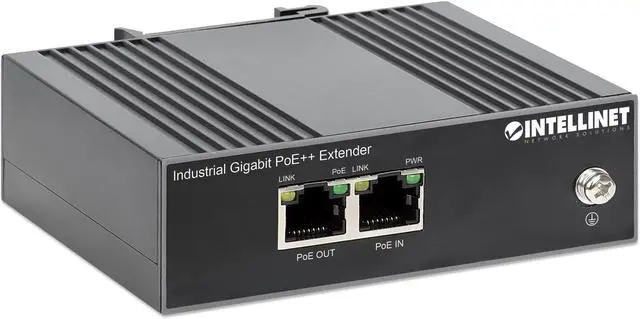 Main image of Intellinet Industrial Gigabit PoE++ Extender, One 80 W Port, Extends PoE up to 100 m (328 ft.), IEEE 802.3bt (4PPoE) Compliant, IP30-rated Metal Housing, DIN-rail Mount