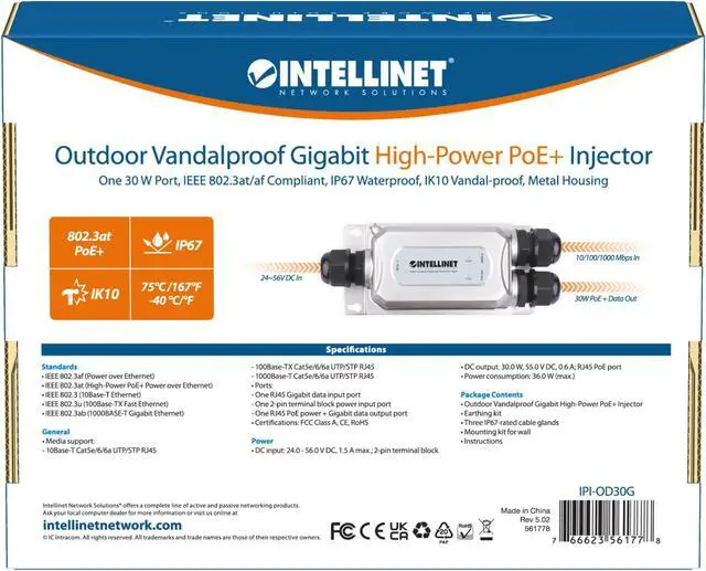Alt view image 7 of 7 - Intellinet Outdoor IP67 Waterproof IK10  Vandalproof Gigabit High-Power PoE+ Injector | 30 W  IEEE 802.3at/af | Metal Housing