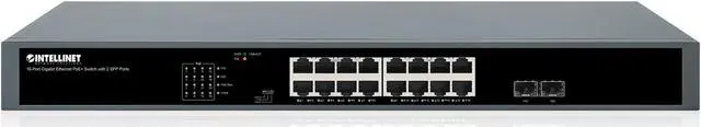 Alt view image 2 of 6 - Intellinet 18-Port Extend-Mode Gigabit Ethernet 250 W PoE+ Switch with 2 SFP Ports | Two 1G SFP Slots, Self-Healing Network, PD Alive, PoE Watchdog | 19" Rackmount