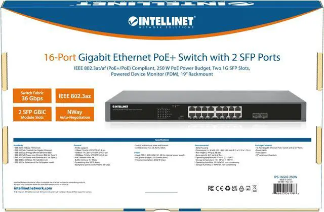 Alt view image 6 of 6 - Intellinet 18-Port Extend-Mode Gigabit Ethernet 250 W PoE+ Switch with 2 SFP Ports | Two 1G SFP Slots, Self-Healing Network, PD Alive, PoE Watchdog | 19" Rackmount