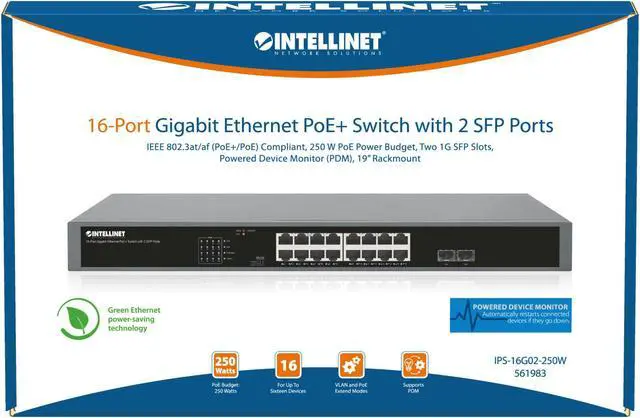 Alt view image 5 of 6 - Intellinet 18-Port Extend-Mode Gigabit Ethernet 250 W PoE+ Switch with 2 SFP Ports | Two 1G SFP Slots, Self-Healing Network, PD Alive, PoE Watchdog | 19" Rackmount