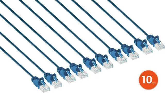 Main image of Intellinet Cat6 U/UTP Slim Network Patch Cable, 20 ft., Blue, 10-Pack, 10G, 250 MHz, 100% Copper, 30 AWG, RJ45, Stranded, Snag-free, Gold-plated Contacts