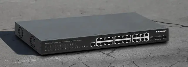 Alt view image 2 of 7 - Intellinet 28-Port L2+ Managed PoE+ Switch w/ 24 Gigabit  & 4 SFP+ Uplinks, IEEE 802.3at/af Compliant, 370 W PoE Power Budget, Layer 2+/Layer 3 Lite, Self Healing Network