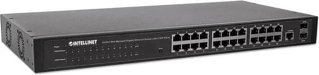 Main image of Intellinet 24-Port Web-Managed Gigabit Ethernet Switch with 2 SFP Ports, 24 x 10/100/1000 Mbps RJ45 Ports +  2 x SFP, IEEE 802.3az Energy Efficient Ethernet, SNMP, QoS, VLAN, ACL, 19" Rackmount