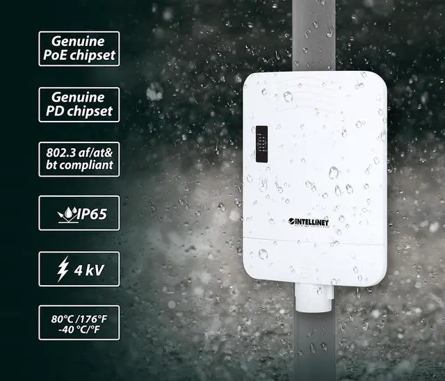 Alt view image 6 of 7 - Intellinet Outdoor PoE-Powered 5-Port Gigabit Switch with PoE Passthrough / 4-Port PoE+ Extender |Rainproof IP65, NEMA 4, for Wall- and Pole-Mounting, Adds up to 328 ft. to PoE Range