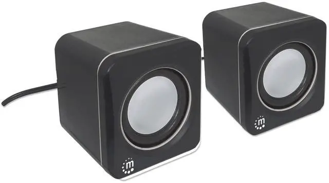 Main image of Manhattan USB Powered Stereo Speaker System - Small Size - with Volume Control & 3.5 mm Audio Plug to Connect to Laptop, Notebook, Desktop, Computer - 3 Yr Mfg Warranty - Black Silver, 166898