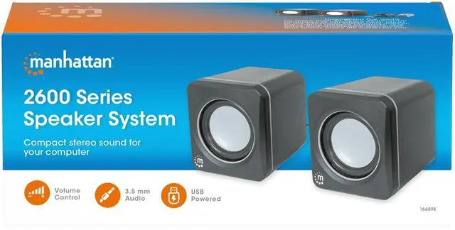 Alt view image 6 of 6 - Manhattan USB Powered Stereo Speaker System - Small Size - with Volume Control & 3.5 mm Audio Plug to Connect to Laptop, Notebook, Desktop, Computer - 3 Yr Mfg Warranty - Black Silver, 166898