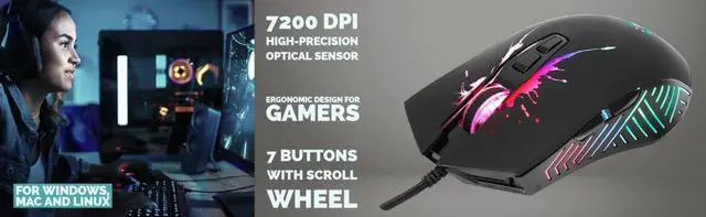 Alt view image 5 of 6 - Manhattan RGB LED Wired Optical USB Gaming Mouse - Precision 7200 DPI, Ergonomic Design, 7 Buttons, Smooth Control & Color-Changing LEDs for Gamers - 190121