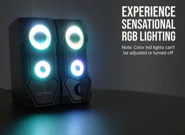 Alt view image 2 of 6 - Manhattan RGB LED Desktop Stereo Speakers - Powerful Sound, Color-Changing Lights, Easy Setup for Gaming & Music - Perfect PC Upgrade - 168359