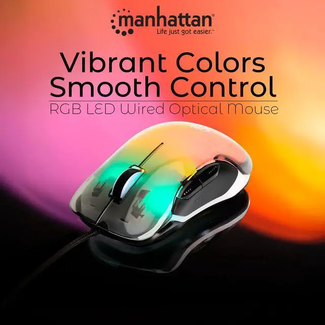 Alt view image 4 of 14 - Manhattan RGB LED Wired Optical USB Mouse - 12800 DPI Precision, 5-Button Design, 6 Switchable Light Modes, Perfect for Gaming & Work - 190381