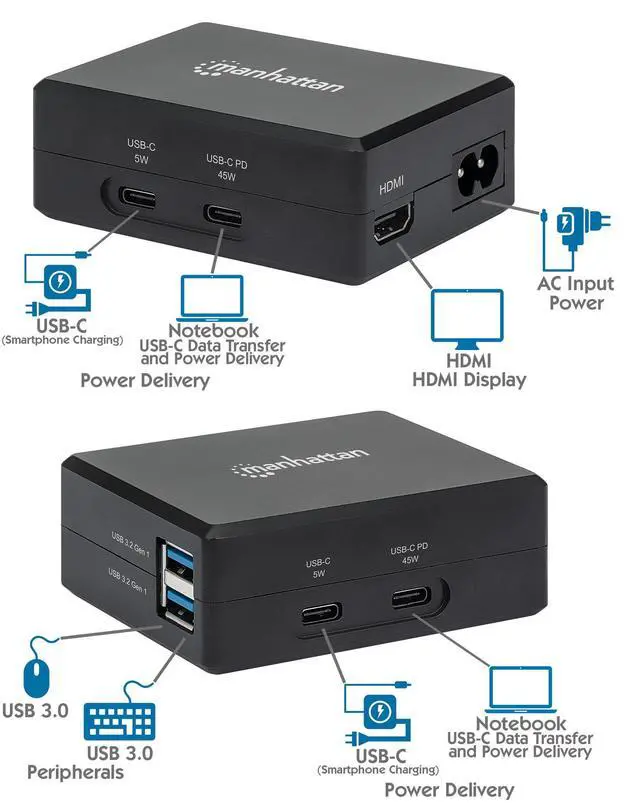 Alt view image 5 of 6 - Manhattan Steam Deck Travel Dock with 52W USB Charger - Multiport USB-C and USB-A Hub for Fast Charging and HDMI Connectivity, Supports 1080p Resolution and Overload Protection