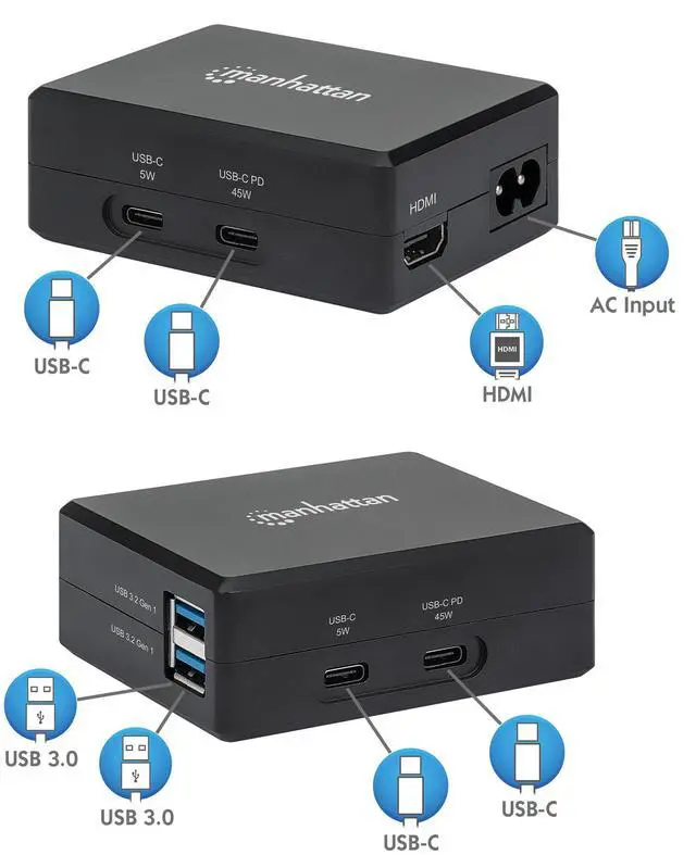 Alt view image 6 of 6 - Manhattan Steam Deck Travel Dock with 52W USB Charger - Multiport USB-C and USB-A Hub for Fast Charging and HDMI Connectivity, Supports 1080p Resolution and Overload Protection