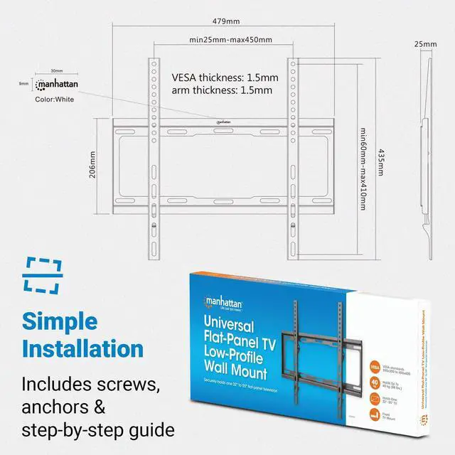 Alt view image 5 of 7 - Manhattan Low-Profile Fixed TV Wall Mount for 32-65 Inch Screens, VESA Compatible, Heavy-Duty Steel, Ideal for Home & Office, Holds up to 88 lbs - 460934