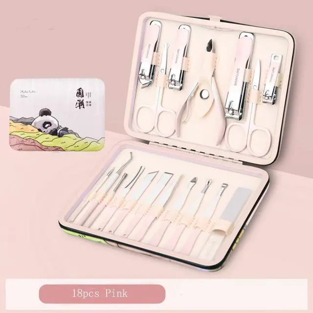 Main image of Reliable Stainless Steel 18pcs Nail Manicure Feet Pedicure Set with Cute Panda Pattern PU Case Nail Buffer File Shiner Cuticle Grooming Beauty Nail Hand Feet Care Tool Pink