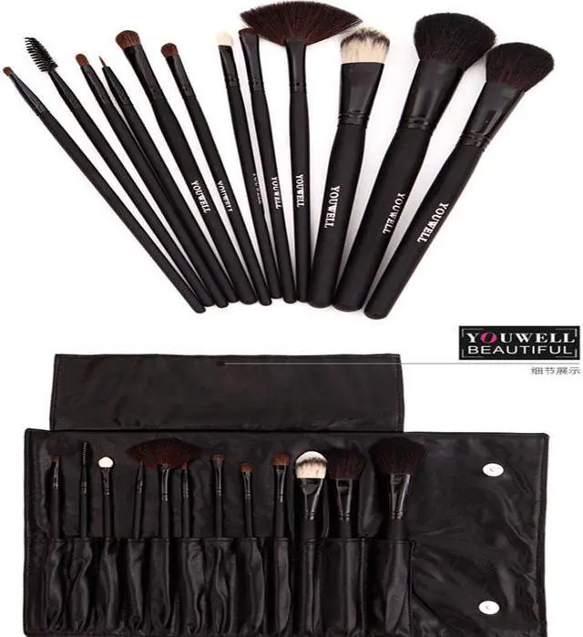 Alt view image 3 of 7 - Natural Goat Hair Black 12pcs Makeup Brush with PU Bag Beauty Makeup Tool Set