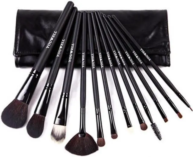Main image of Natural Goat Hair Black 12pcs Makeup Brush with PU Bag Beauty Makeup Tool Set