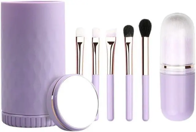 Alt view image 3 of 7 - Portable Goat Hair 6 In 1 Travel Makeup Brushes Set with Mirror and Plastic Box Beauty Cosmetic Tools Black