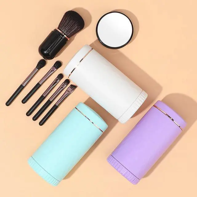 Alt view image 2 of 7 - Portable Goat Hair 6 In 1 Travel Makeup Brushes Set with Mirror and Plastic Box Beauty Cosmetic Tools Black