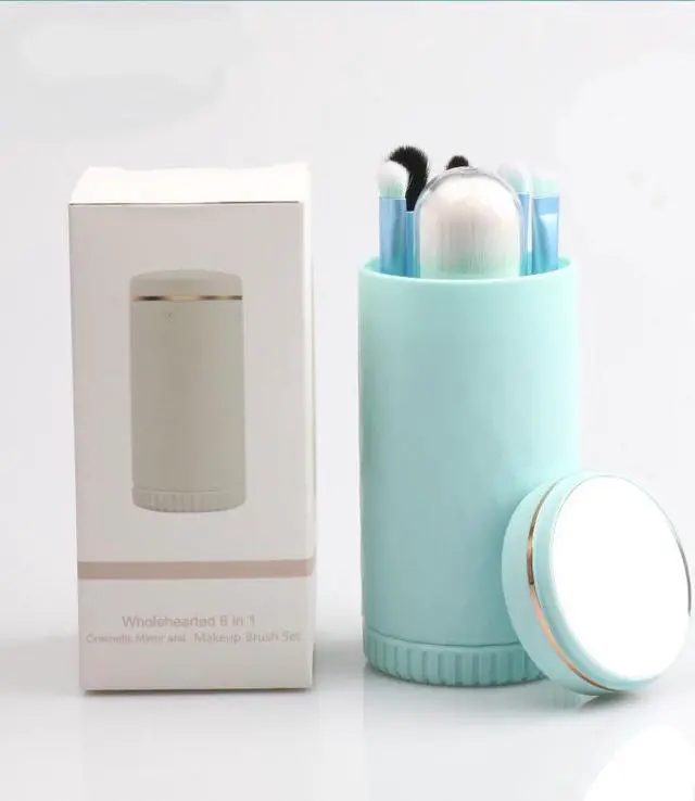 Main image of Portable Goat Hair 6 In 1 Travel Makeup Brushes Set with Mirror and Plastic Box Beauty Cosmetic Tools Blue