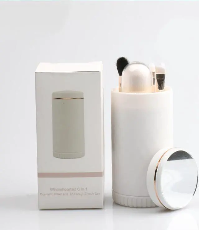 Main image of Portable Goat Hair 6 In 1 Travel Makeup Brushes Set with Mirror and Plastic Box Beauty Cosmetic Tools White