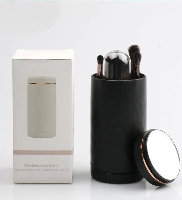 Main image of Portable Goat Hair 6 In 1 Travel Makeup Brushes Set with Mirror and Plastic Box Beauty Cosmetic Tools Black