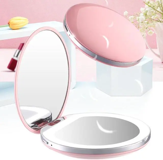 Alt view image 2 of 7 - Rechargeable Portable Pocket Foldable Mini Round LED Makeup Cosmetic Mirror with Light Beauty Makeup Tool White