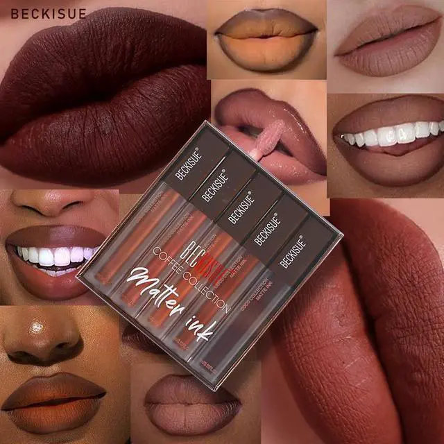 Alt view image 2 of 7 - Coffee Matte Velvet Dark Nude 5pcs Lip Gloss Combo Set Beauty Lip Cosmetics