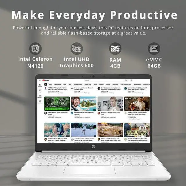 Alt view image 2 of 6 - HP Premium 14" Stream HD Laptop, Intel Celeron N4120 CPU, 4GB RAM, 64GB eMMC, Webcam, UHD Graphics, Bluetooth, WiFi, HDMI, 1 Year Office 365, Win 11 S, White, 32GB Hotface USB Card
