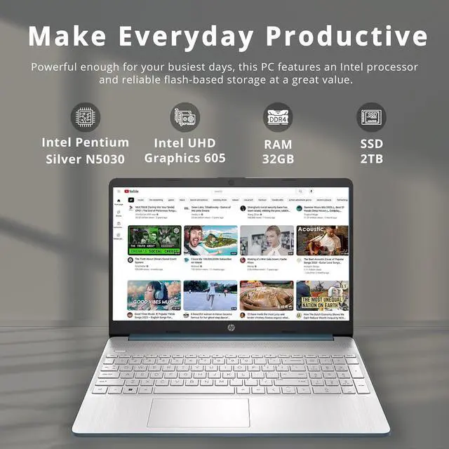 Alt view image 2 of 7 - HP 15.6" HD Student Laptop, Intel Pentium Silver N5030, 32GB RAM, 2TB PCIe SSD, Intel UHD Graphics, HD Webcam, Numpad, Wi-Fi 5, Bluetooth, Win 11, Blue, 32GB Hotface USB Card