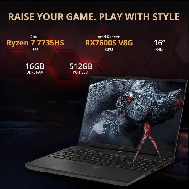 Alt view image 2 of 6 - ASUS TUF A16 16'' FHD 165Hz Gaming Laptop, AMD Ryzen 7-7735HS, Radeon RX7600S V8G Graphics, 16GB DDR5 RAM, 512GB PCIe SSD, RGB Backlit Keyboard, Wi-Fi 6, HD Camera, Black, Win 11 Pro, 32GB USB Card