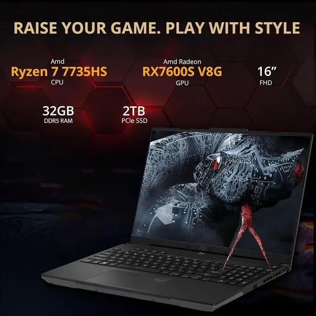 Alt view image 2 of 6 - ASUS TUF A16 16'' FHD 165Hz Gaming Laptop, AMD Ryzen 7-7735HS, Radeon RX7600S V8G Graphics, 32GB DDR5 RAM, 2TB PCIe SSD, RGB Backlit Keyboard, Wi-Fi 6, HD Camera, Black, Win 11 Pro, 32GB USB Card