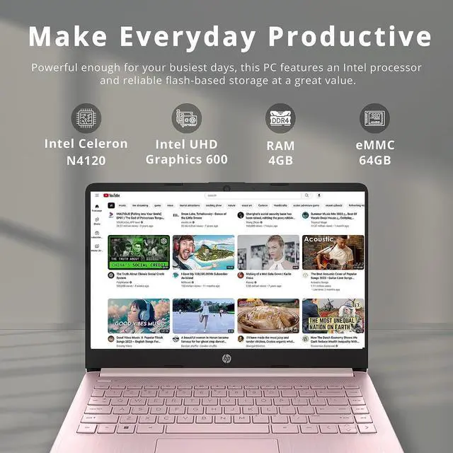 Alt view image 2 of 7 - HP Premium Stream 14" HD BrightView Laptop, Intel Celeron N4120, 16GB RAM, 64GB eMMC Storage, UHD Graphics, HD Webcam, 1 Year Office 365, Bluetooth, WiFi, HDMI, Win 11s, Pink, 32GB Hotface USB Card