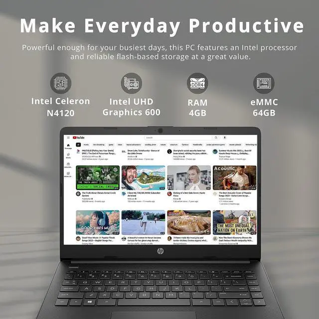 Alt view image 2 of 7 - HP Stream 14" HD BrightView Laptop, Intel Celeron N4120 Processor, 4GB RAM, 64GB Storage, Intel UHD Graphics, 720p Webcam, 1 Year Office 365, Black, Win 11 S, 32GB Hotface USB Card